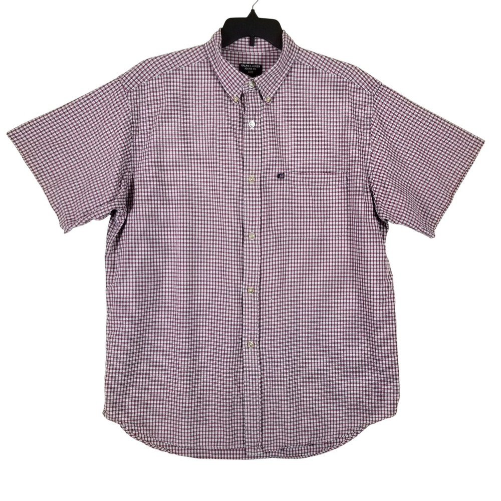Ralph Lauren Jeans Co Mens Large Red Plaid Short Sleeve Button Down Shirt Cotton